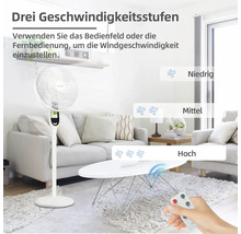 Standventilator mit drei Geschwindigkeitsstufen im Wohnzimmer