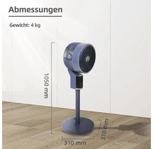 Standventilator mit Angabe der Maße: Höhe 1050 mm, Fußdurchmesser 310 mm, Gewicht 4 kg