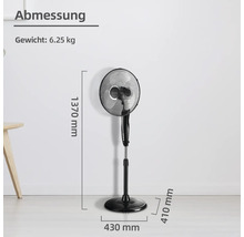 Abbildung eines Standventilators mit Maßangaben