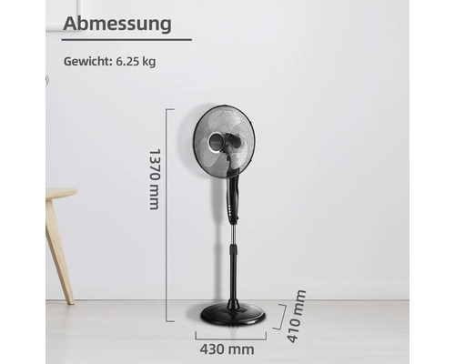 Abbildung eines Standventilators mit Maßangaben