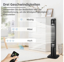 Turmventilator mit Fernbedienung und drei Geschwindigkeitsstufen in einem Wohnzimmer