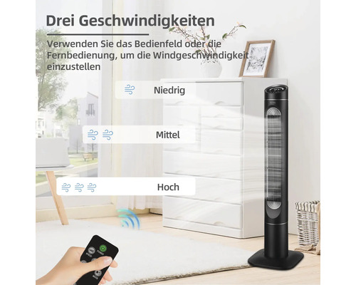 Turmventilator mit Fernbedienung und drei Geschwindigkeitsstufen in einem Wohnzimmer