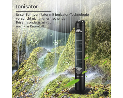 Turmventilator mit Ionisator vor Wasserfall
