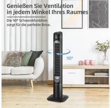 Turmventilator mit 90 Grad Schwenkfunktion in einem Wohnraum.