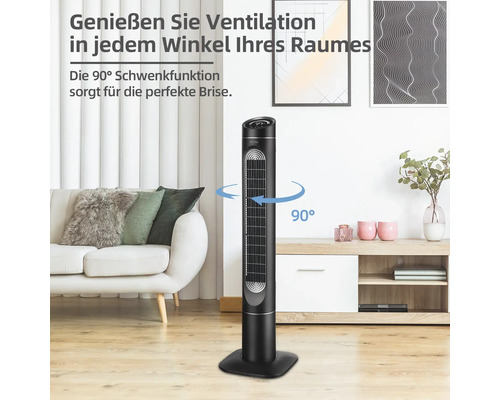 Turmventilator mit 90 Grad Schwenkfunktion in einem Wohnraum.
