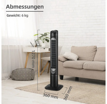 Turmventilator mit Abmessungen und Gewicht im Wohnzimmer