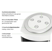 Bedienfeld eines Ventilators mit verschiedenen Funktionen wie Timer, Geschwindigkeitsstufen und Windmodi