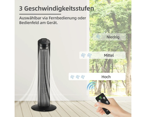 Turmventilator mit drei Geschwindigkeitsstufen, steuerbar per Fernbedienung oder Bedienfeld