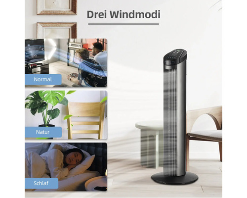 Turmventilator mit drei Windmodi zur Auswahl.