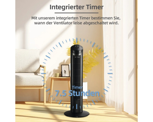 Schwarzer Turmventilator mit Timerfunktion in einem hellen Wohnraum.