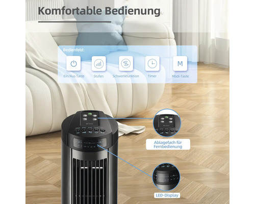 Schwarzer Turmventilator mit LED Display und Bedienfeld