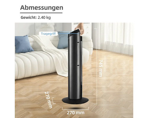 Abbildung eines Turmventilators mit Maßangaben für Höhe und Durchmesser der Basis.