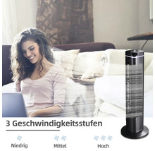 Turmventilator mit drei Geschwindigkeitsstufen in einem Wohnzimmer