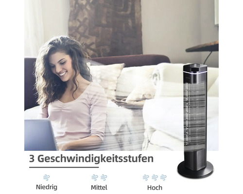 Turmventilator mit drei Geschwindigkeitsstufen in einem Wohnzimmer