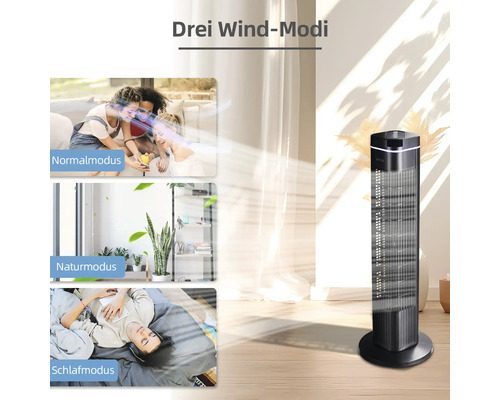 Turmventilator mit drei Windmodi: Normalmodus, Naturmodus und Schlafmodus.