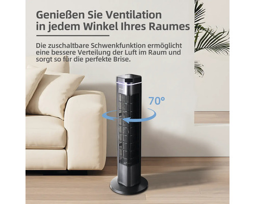 Turmventilator mit 70-Grad-Schwenkfunktion im Wohnzimmer