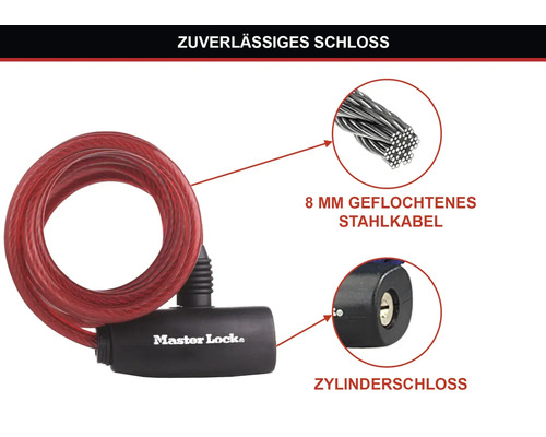 Master Lock Kabelschloss mit Zylinderschloss und 8 mm geflochtenem Stahlkabel