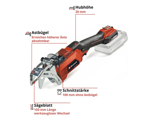 Einhell Akku-Astsäge mit Angaben zu Hubhöhe, Schnittstärke und Sägeblatt