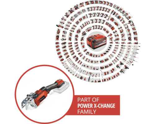 Einhell Power X-Change Akku-Familie mit Astsäge und Akku im Zentrum