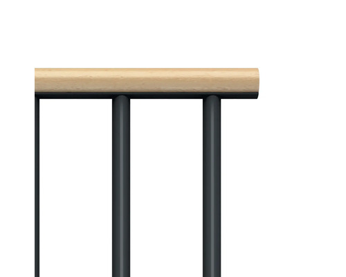 Detailansicht eines Geländers mit Holzhandlauf und Metallstreben