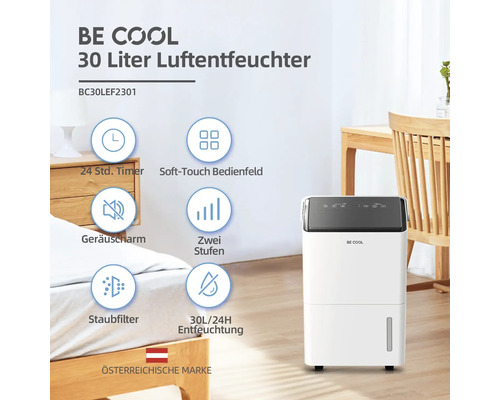 BE COOL Luftentfeuchter mit 30 Litern Leistung, ausgestattet mit 24 Stunden Timer, Soft-Touch Bedienfeld, Geräuscharm, zwei Stufen, Staubfilter und österreichischer Marke