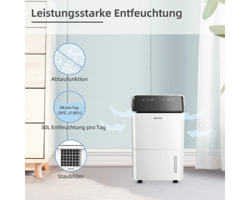 Weißer Raumentfeuchter mit Staubfilter, Abtaufunktion und einer Leistung von 30 Litern pro Tag