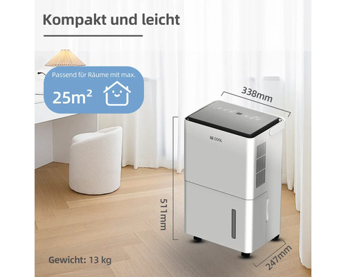 Abgebildet ist ein weißer Luftentfeuchter mit den Maßen 338 mm Breite, 511 mm Höhe und 247 mm Tiefe.