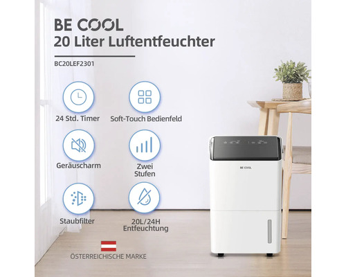BE COOL Luftentfeuchter mit 20 Liter Kapazität, ausgestattet mit Timer, Soft-Touch Bedienfeld, Staubfilter und Geräuscharmut.