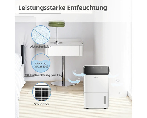 Raumentfeuchter mit Staubfilter, Abtaufunktion und einer Entfeuchtungsleistung von 20 Liter pro Tag.