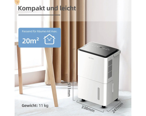 Weißer Luftentfeuchter mit den Maßen 338 mm mal 247 mm mal 511 mm und einem Gewicht von 11 kg