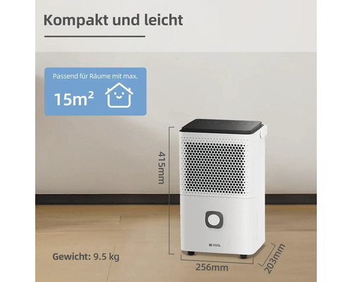 Be Cool Luftentfeuchter mit den Maßen 415 mm Höhe, 256 mm Breite und 203 mm Tiefe