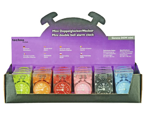 Mehrfarbige Mini Doppelglockenwecker im Verkaufsdisplay