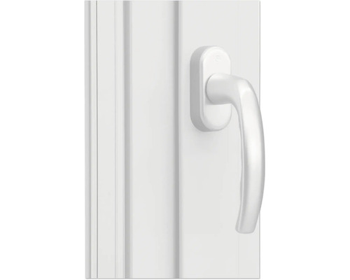 Detailansicht eines weißen Fenstergriffs an einem Kunststofffenster