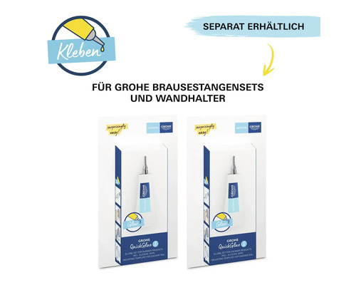 Zwei Packungen Grohe QuickGlue Klebesets für Brausestangensets und Wandhalter.
