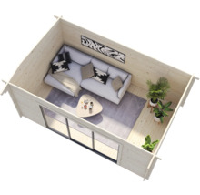 Innenansicht eines Gartenhauses mit Sofa, Tisch, Pflanzen und großem Fenster für den Hornbach Onlineshop.