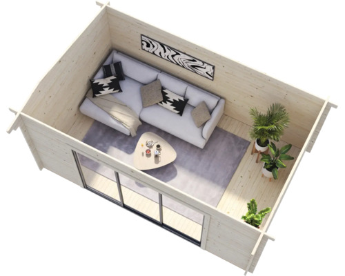 Innenansicht eines Gartenhauses mit Sofa, Tisch, Pflanzen und großem Fenster für den Hornbach Onlineshop.