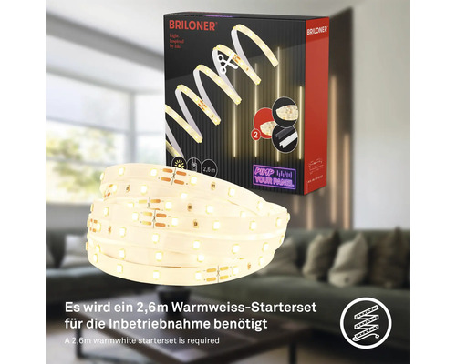 Briloner Logo. 2.6 meter warmweisses LED Band Starterset.