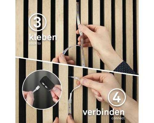 Anleitung zum Anbringen eines LED-Strips an einer Holzwand: Kleben und Verbinden der Lichtleiste.
