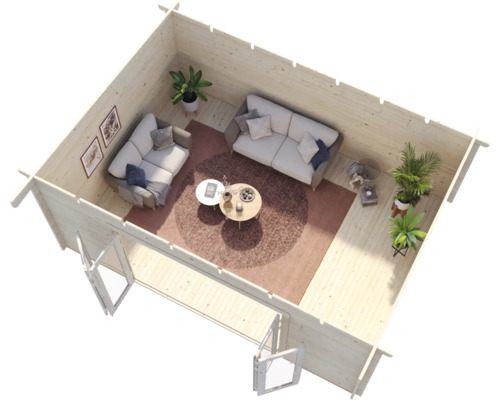 Innenansicht eines Gartenhauses mit Möbeln und Pflanzen