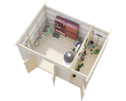 Innenansicht eines Holzgartenhauses mit Fahrrädern, Werkzeugen und Gartengeräten