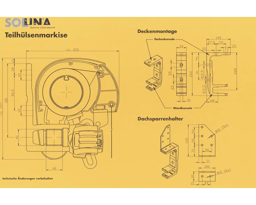 Technische Zeichnung einer Teilhülsenmarkise mit Maßen für Deckenmontage und Dachsparrenhalter