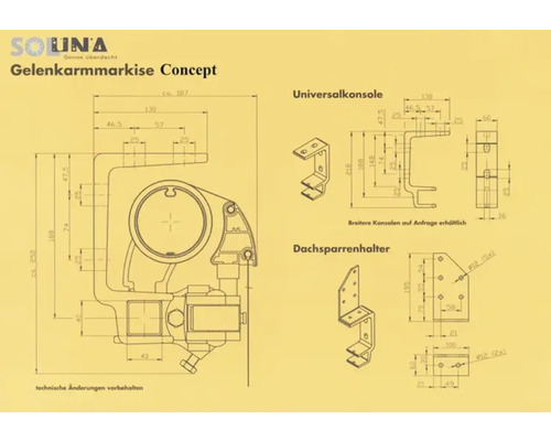 Technische Zeichnung einer Gelenkarmmarkise mit Bemaßungen und Details zur Universal-Konsole sowie Dachsparrenhalterung