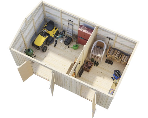 Innenansicht eines Gartenhauses mit Gartengeräten und Holz