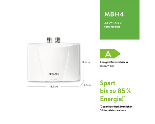 Clage Kleinspeicher MBH 4 mit den Maßen 13,5 cm Höhe, 18,6 cm Breite und 8,7 cm Tiefe