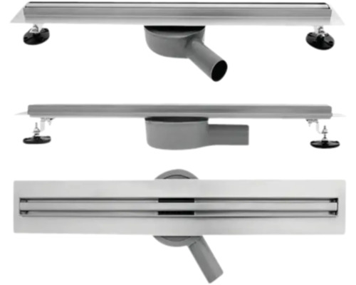 Edelstahl Duschrinne mit Ablaufgarnitur in drei Ansichten