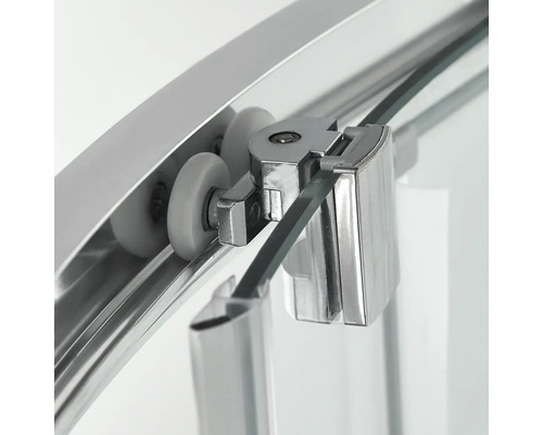 Detailaufnahme einer Duschkabine mit Rollenmechanismus und Metallrahmen