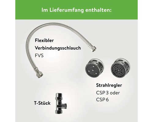 Im Lieferumfang enthalten: flexibler Verbindungsschlauch, Strahlregler und T-Stück