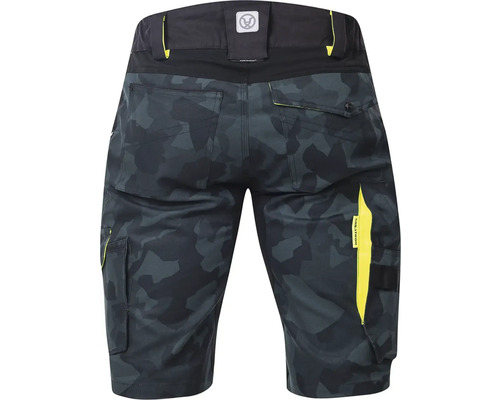 Arbeitsshorts mit Tarnmuster, mehreren Taschen und gelben Akzenten