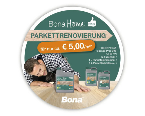 Bona Home Parkettrenovierungsprodukte und ein Mann bei der Arbeit