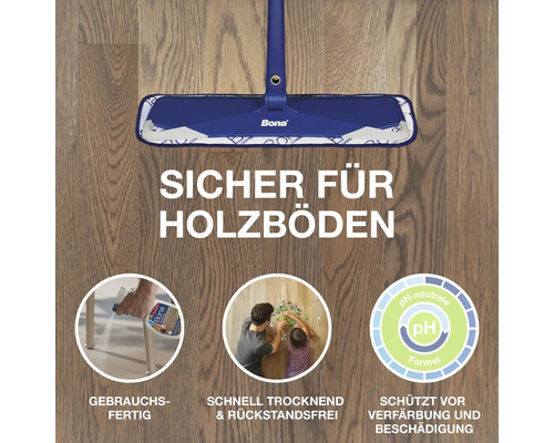 Bona Parkettreiniger mit Wischer und Produktvorteilen auf Holzboden